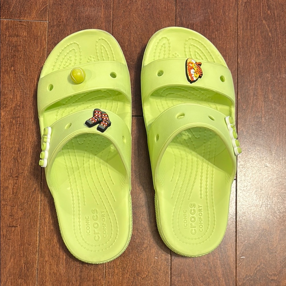 Crocs Comfort Slides – Neon Green with Charms